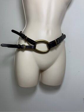 Lauren Ralph Lauren Black Double-Strap Leather equestrian Brass Oval Ring large